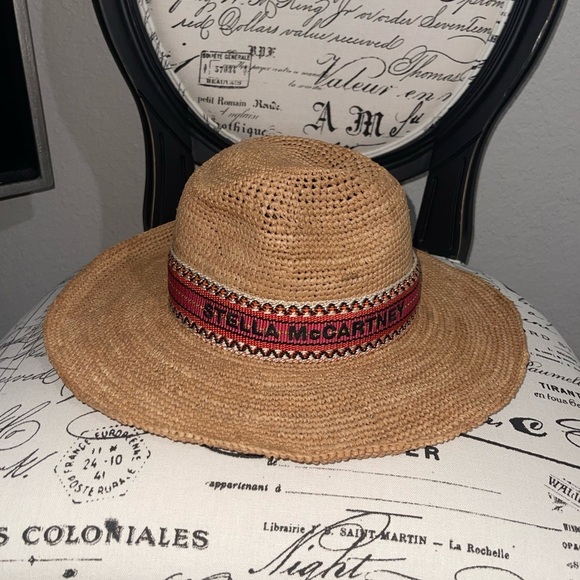 STELLA MCCARTNEY LOGO RAFFIA PANAMA TAN STRAW HAT RED STITCHED BAND SIZE: 56 - Picture 8 of 8